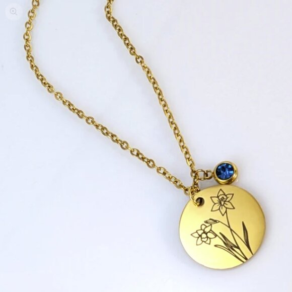 Handmade Gold Birth Flower & Birthstone on 16" Cable Chain Necklace - Picture 7 of 11